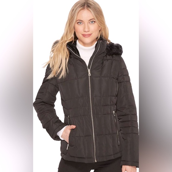 Calvin Klein Puffy Coat with Removable Faux Fur Hood - Picture 1 of 8